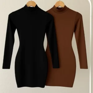 Vestido Feminino Gola Alta Manga Longa Curto em Malha Suplex Premium