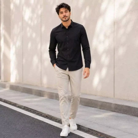 Camisa Social Masculina Manga Longa com Elastano e Botões