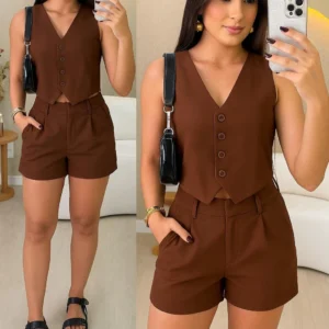 Conjunto Feminino Colete e Short Liso Casual Elegante