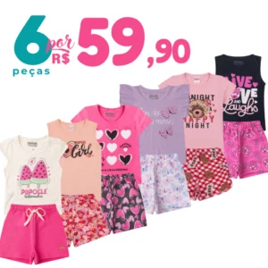 Kit 6 Peças de Roupas Infantil Menina Conjunto Verão Algodão
