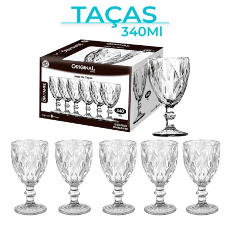 Taça de Vidro Diamante 340ml para Água, Vinho e Suco